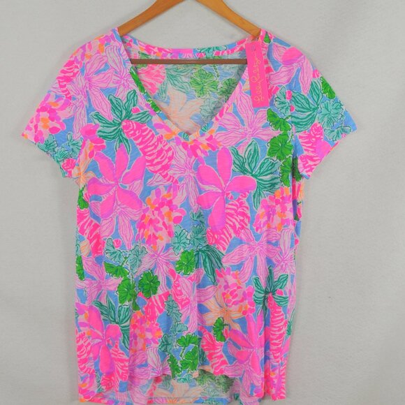 Lilly Pulitzer Women's Etta V-Neck Top L Pink Tigers Lair Floral Print - Picture 5 of 11